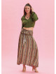 Gipe Waist Tied Khaki Patterned Long Skirt 4496